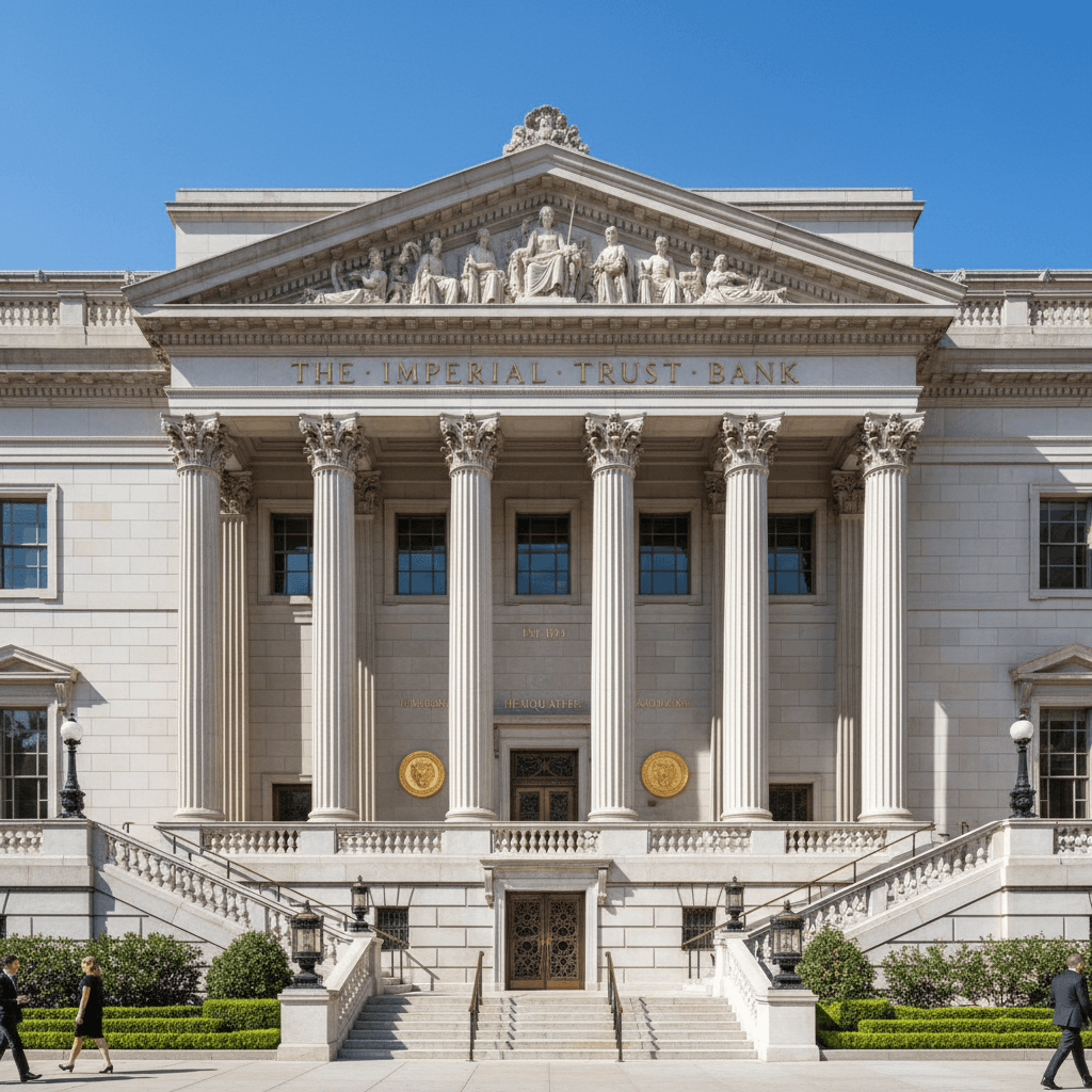 Auremont Bank grand neoclassical headquarters building with marble columns and gold signage