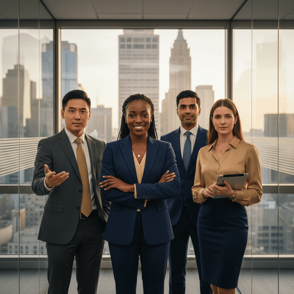 Auremont leadership team of four diverse executives in modern glass office with city skyline