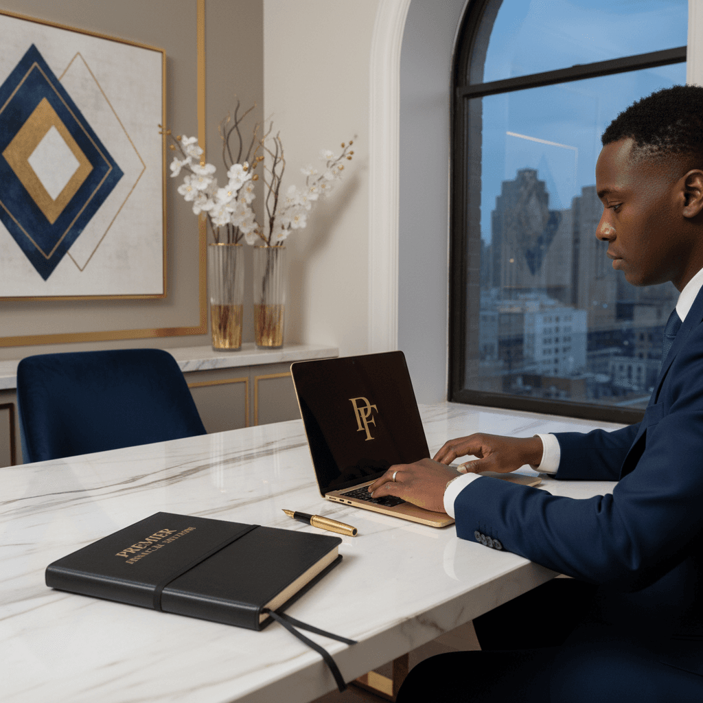 Client managing personal banking on premium laptop at marble desk