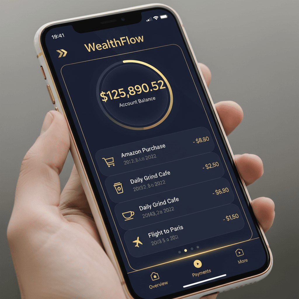 Auremont mobile banking app interface with navy dashboard and gold accents on premium smartphone
